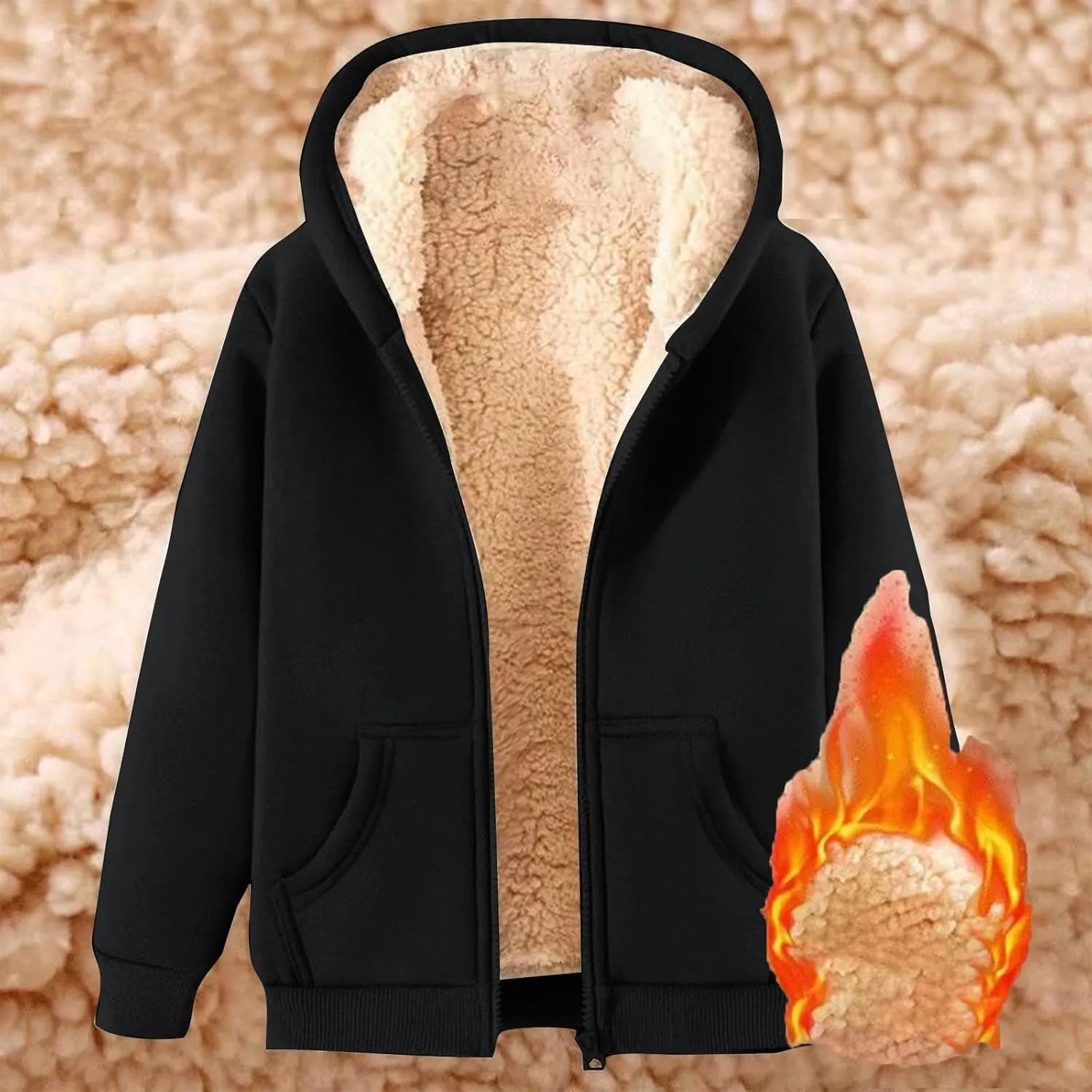 Fleece Hoodie for Men Full Zip Sherpa Lined Sweatshirt Winter Warm Hooded Coat Solid Thermal Coats Work Wear for Men