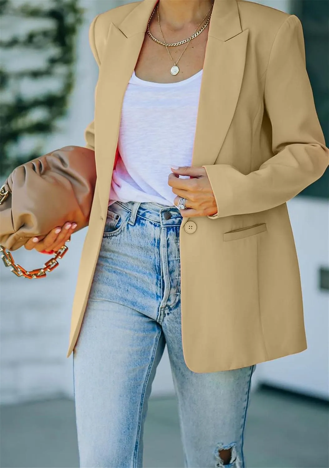 FLITAY Womens Slim Long Sleeve Blazer One Button Back Slit Cardigan Solid Notch Lapel Jackets with Pockets