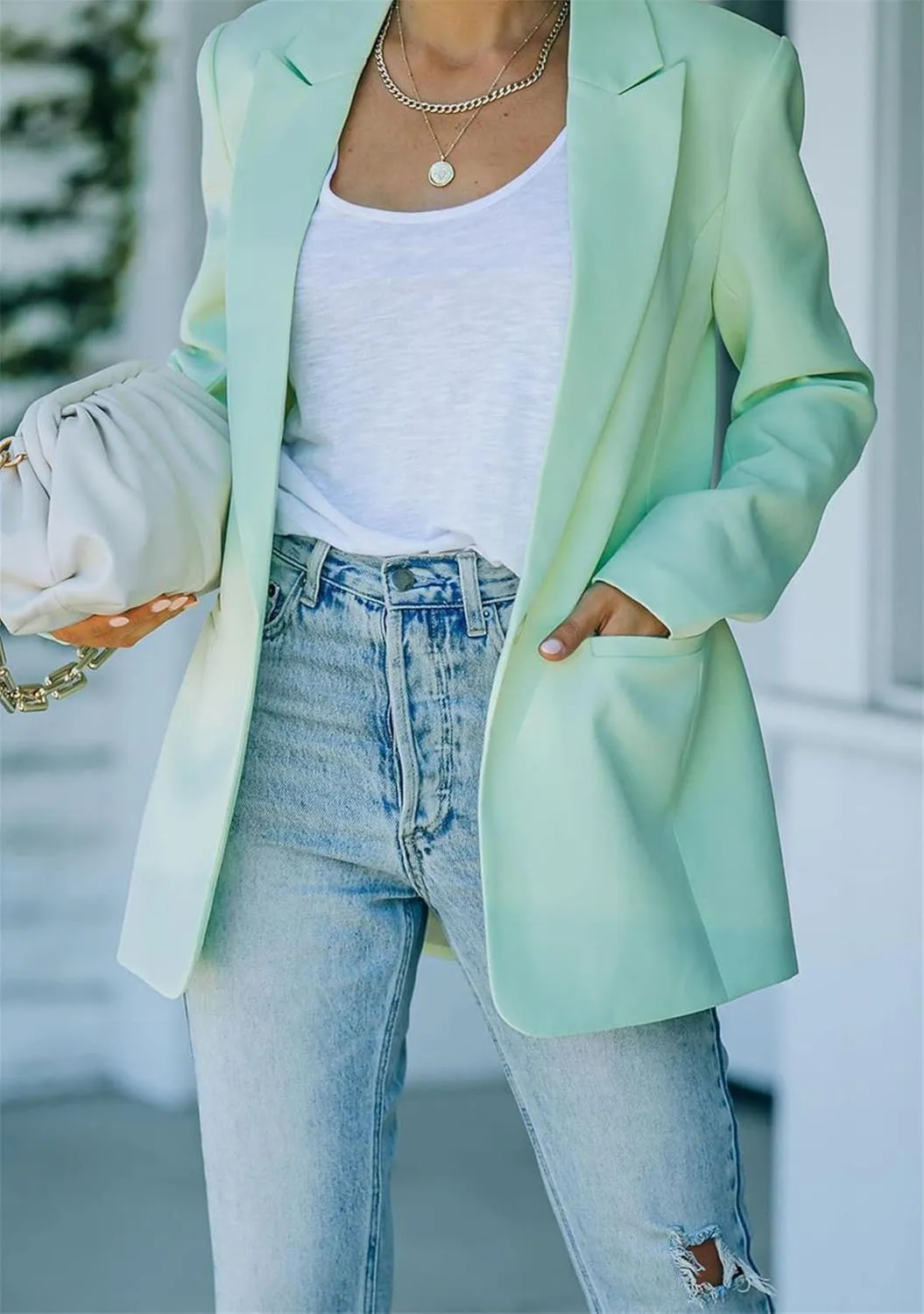 FLITAY Womens Slim Long Sleeve Blazer One Button Back Slit Cardigan Solid Notch Lapel Jackets with Pockets
