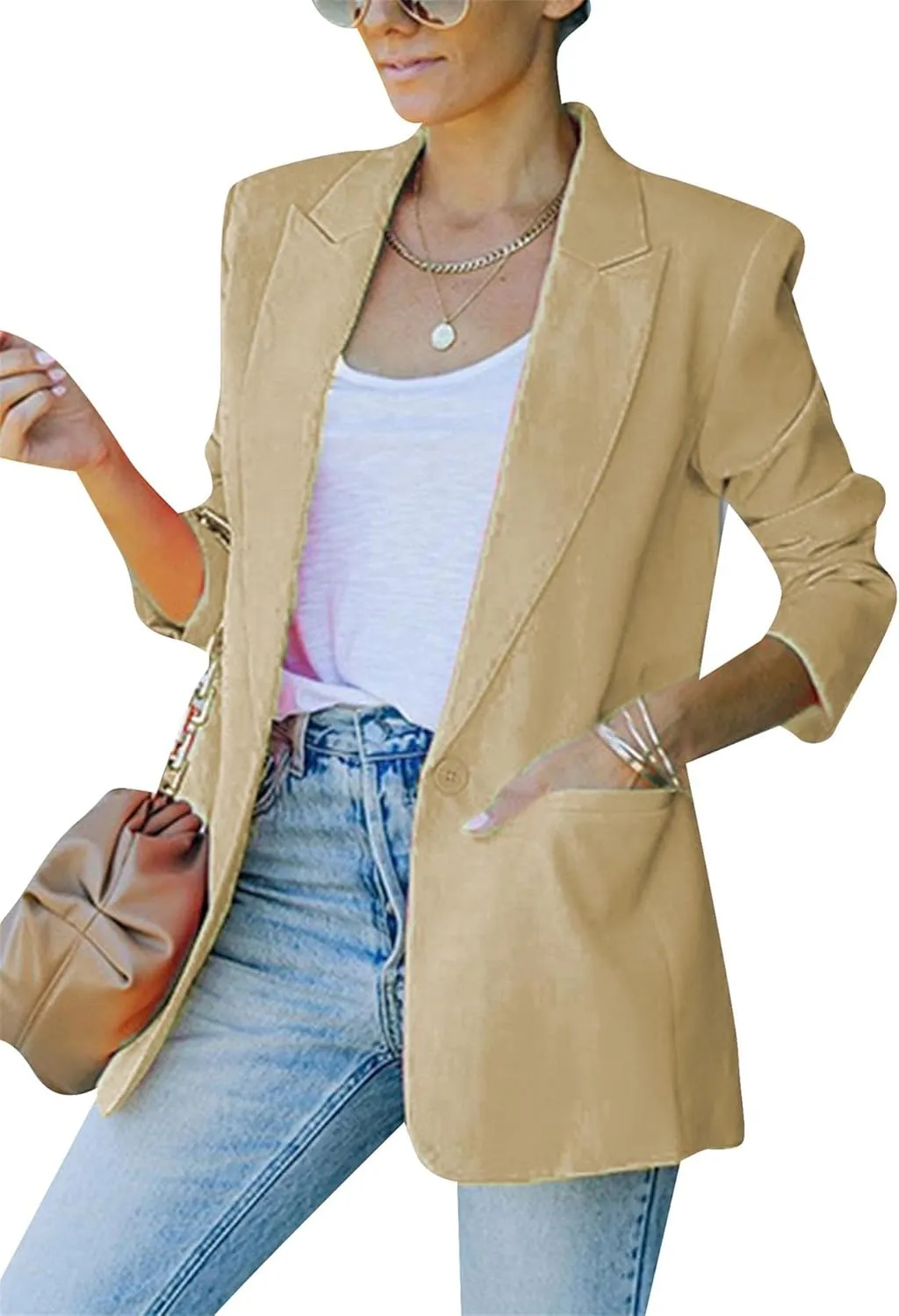 FLITAY Womens Slim Long Sleeve Blazer One Button Back Slit Cardigan Solid Notch Lapel Jackets with Pockets