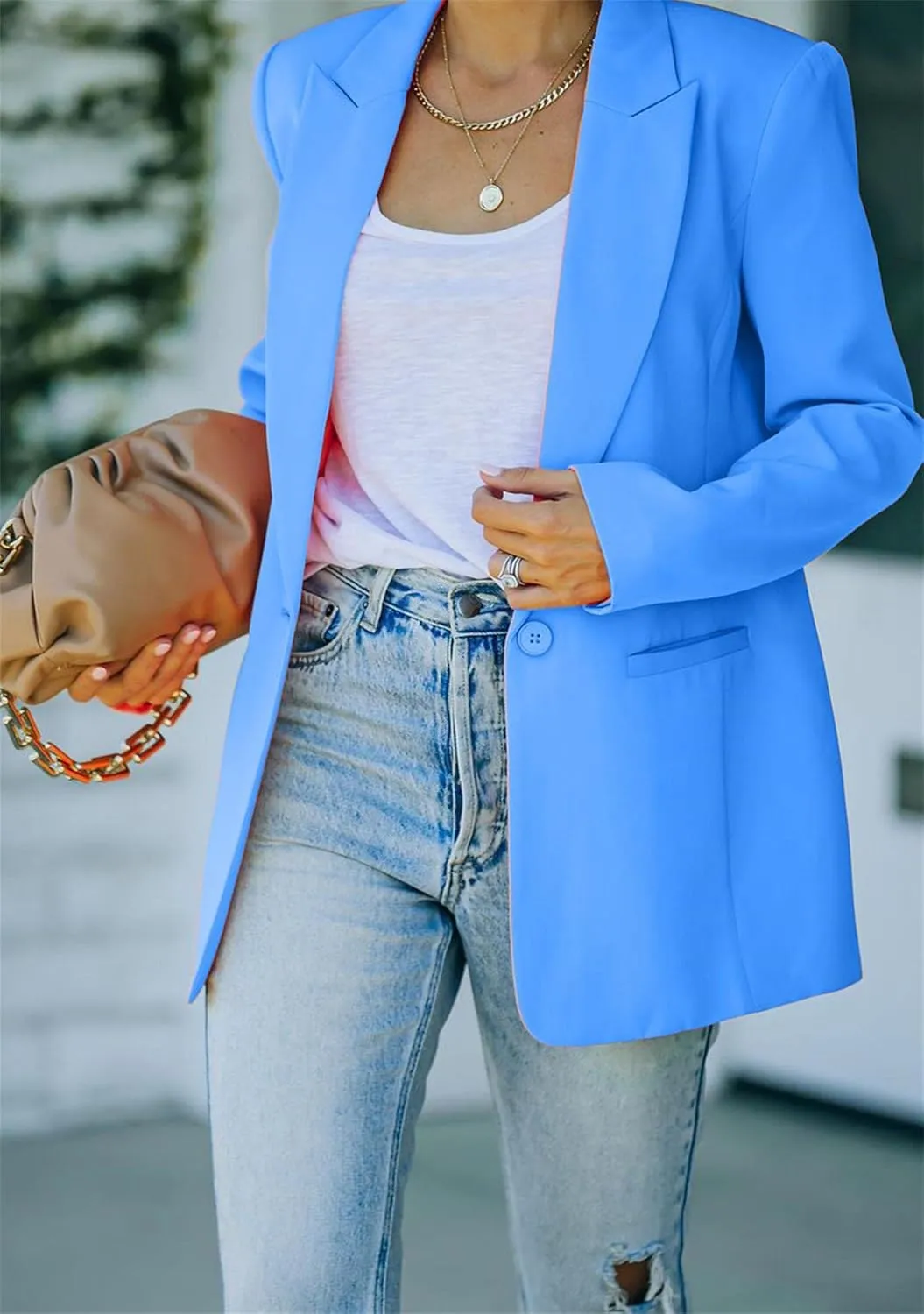 FLITAY Womens Slim Long Sleeve Blazer One Button Back Slit Cardigan Solid Notch Lapel Jackets with Pockets