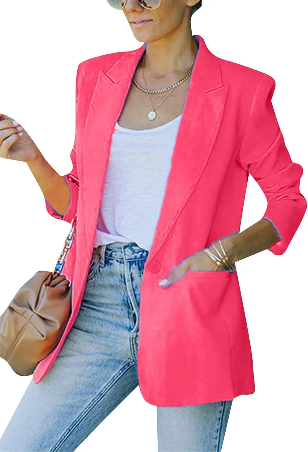 FLITAY Womens Slim Long Sleeve Blazer One Button Back Slit Cardigan Solid Notch Lapel Jackets with Pockets