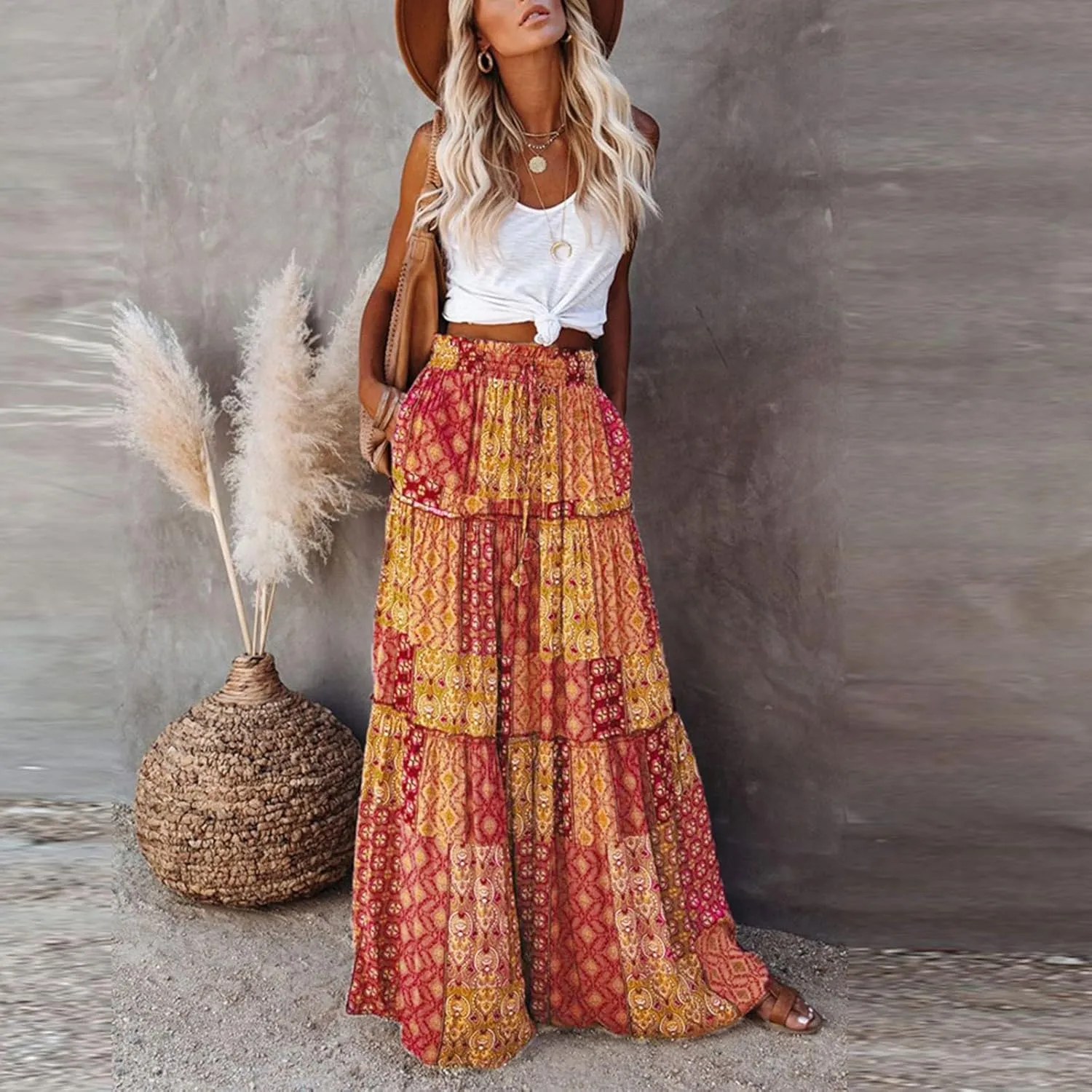 Floral Maxi Skirts for Women Trendy Summer Elastic High Waisted Long Skirts Tiered Flowy Swing A Line Skirt w/Pockets