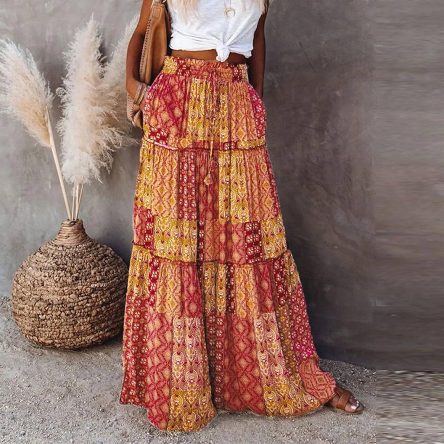 Floral Maxi Skirts for Women Trendy Summer Elastic High Waisted Long Skirts Tiered Flowy Swing A Line Skirt w/Pockets