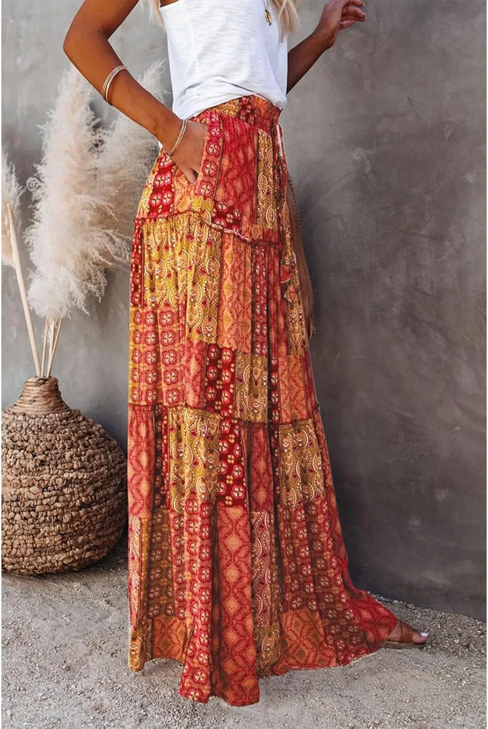 Floral Maxi Skirts for Women Trendy Summer Elastic High Waisted Long Skirts Tiered Flowy Swing A Line Skirt w/Pockets