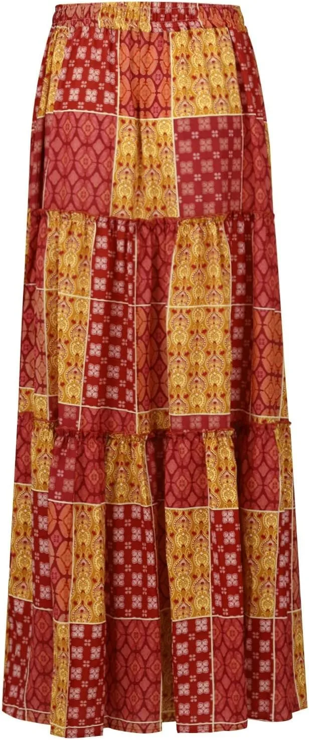 Floral Maxi Skirts for Women Trendy Summer Elastic High Waisted Long Skirts Tiered Flowy Swing A Line Skirt w/Pockets