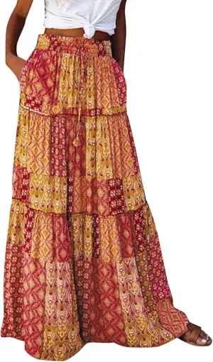 Floral Maxi Skirts for Women Trendy Summer Elastic High Waisted Long Skirts Tiered Flowy Swing A Line Skirt w/Pockets