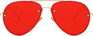 Freckles Mark Oversized Aviator Sunglasses Vintage Retro Gold Metal Frame Colorful Lenses 62mm (Red)