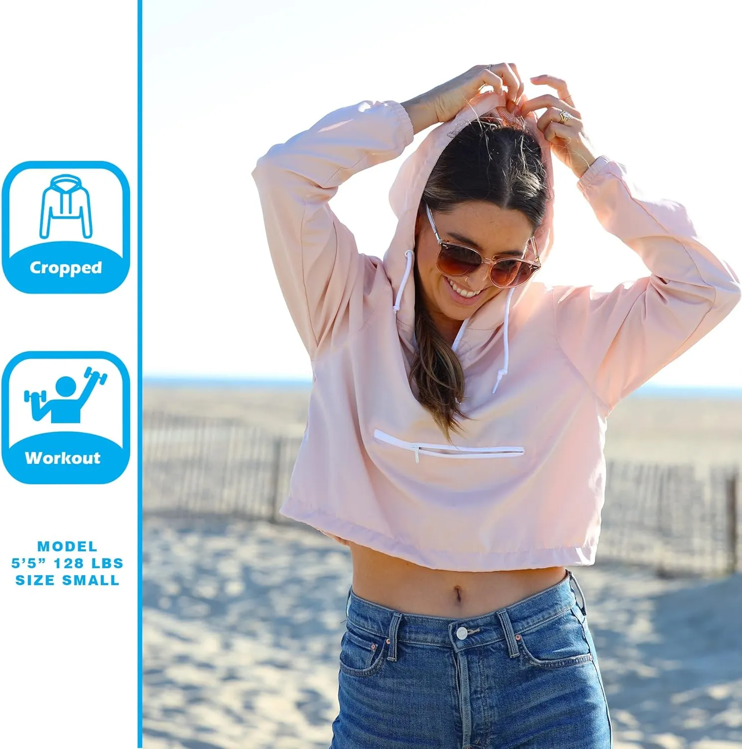 Global Blank Women's Long Sleeve Crop Top Half Zip Up Cropped Jacket with Hood for Women