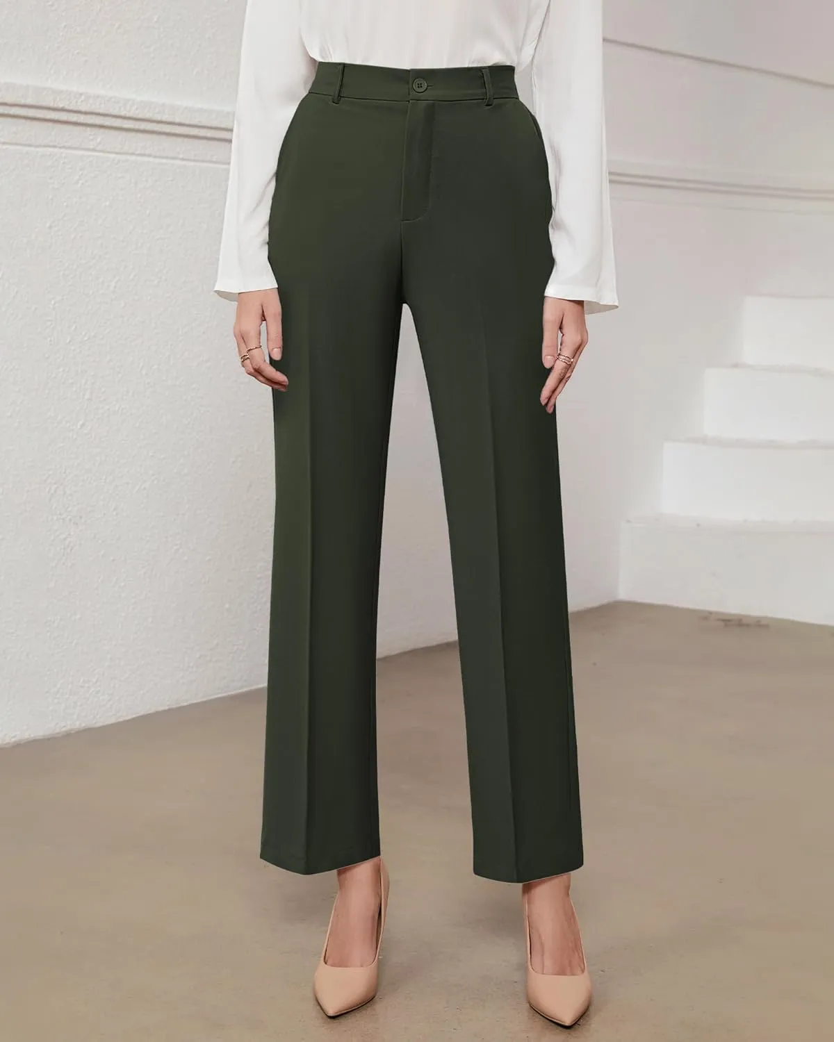 GRAPENT Pants for Women Work High Waisted Dress Pants Business Casual Relaxed Fit Straight Leg Elastic Waist Trousers