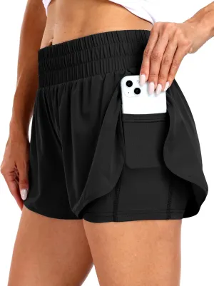 Haimont Women's Running Shorts 2 in 1 High Waisted Athletic Shorts with Drawstring Pockets 3" Compression Liner Shorts