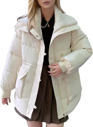 Hasta Womens Puffer Jackets Loose Fit Lapel Warm Zipper Padded Down Coats with Pockets Button Puffy Winter Quilted Jacket