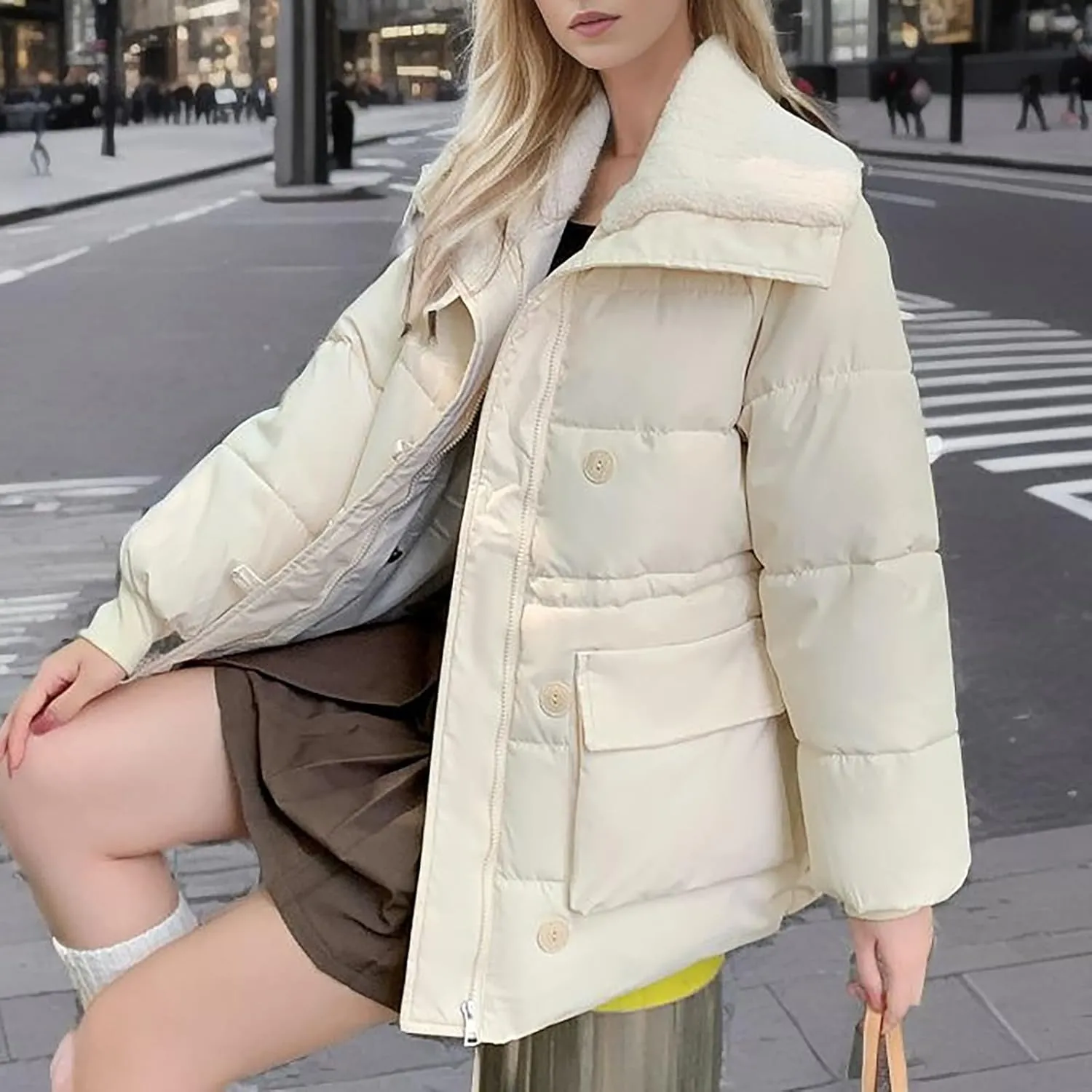 Hasta Womens Puffer Jackets Loose Fit Lapel Warm Zipper Padded Down Coats with Pockets Button Puffy Winter Quilted Jacket