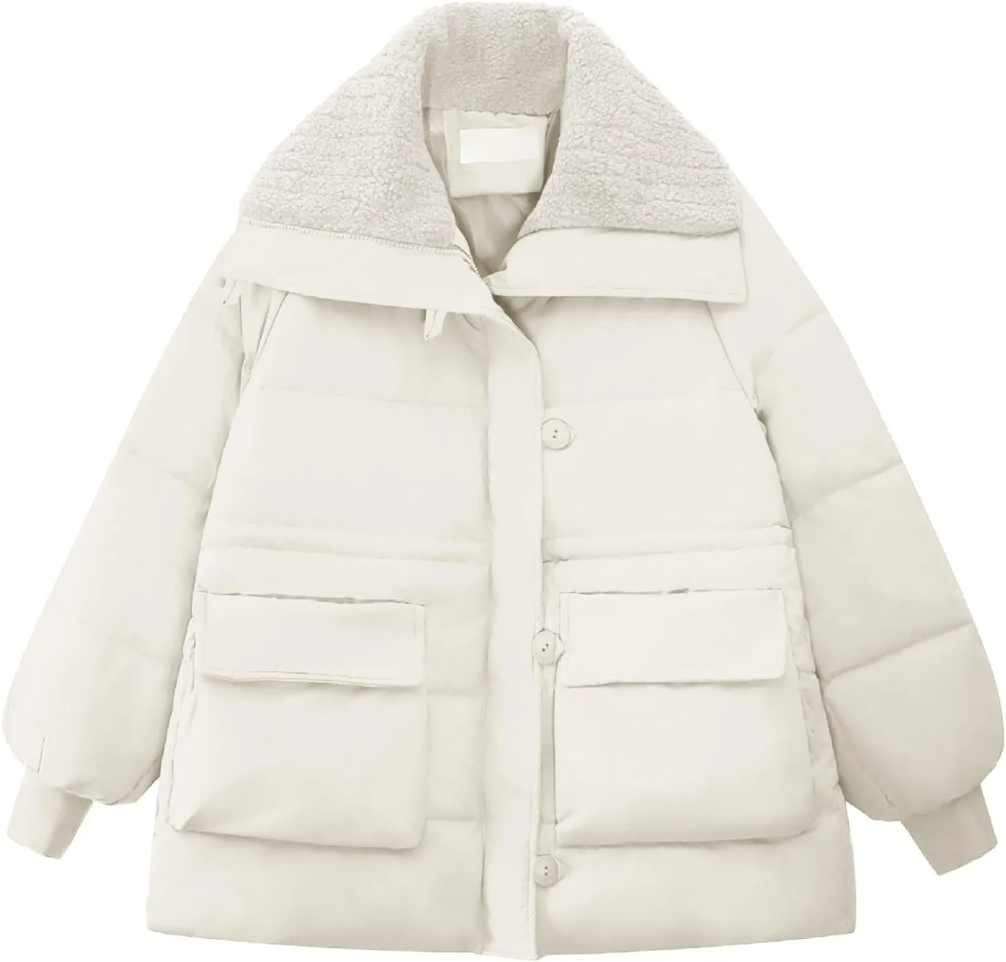 Hasta Womens Puffer Jackets Loose Fit Lapel Warm Zipper Padded Down Coats with Pockets Button Puffy Winter Quilted Jacket