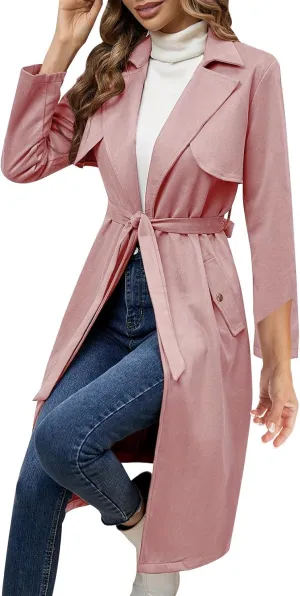 HGps8w Faux Suede Long Trench Coat for Women Dressy Belted Classic Lapel Oversized Windproof Overcoat Outerwear with Pockets