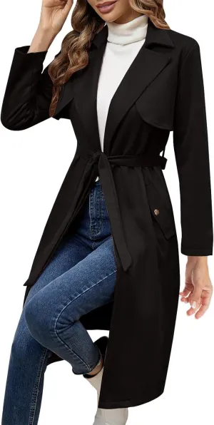 HGps8w Faux Suede Long Trench Coat for Women Dressy Belted Classic Lapel Oversized Windproof Overcoat Outerwear with Pockets