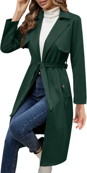 HGps8w Faux Suede Long Trench Coat for Women Dressy Belted Classic Lapel Oversized Windproof Overcoat Outerwear with Pockets