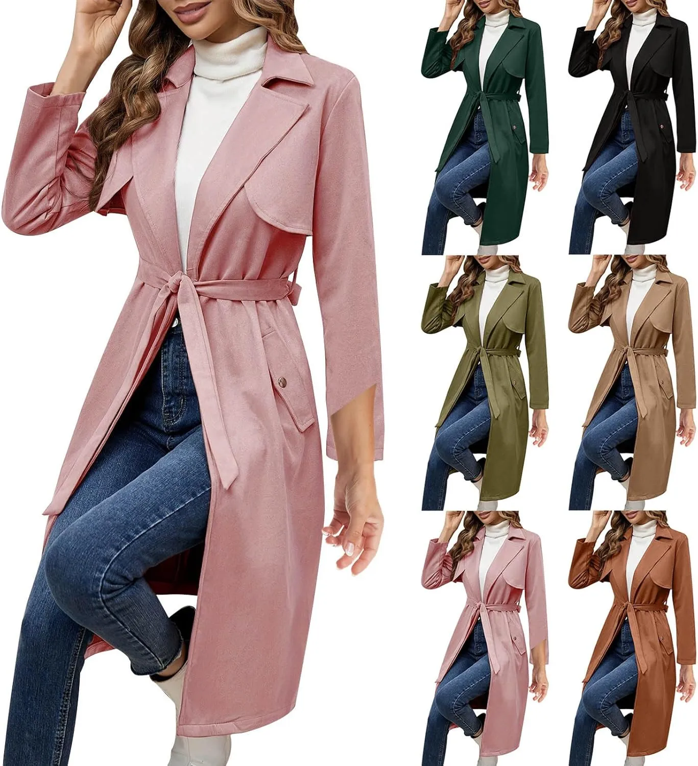 HGps8w Faux Suede Long Trench Coat for Women Dressy Belted Classic Lapel Oversized Windproof Overcoat Outerwear with Pockets