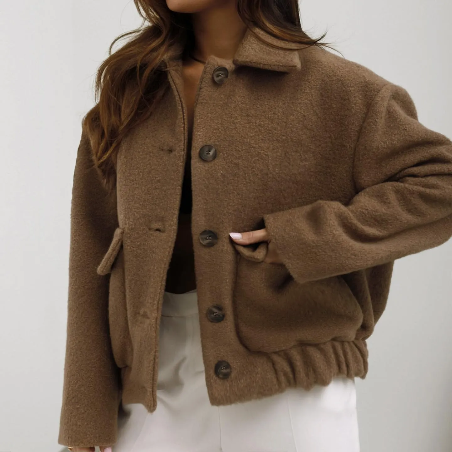 HGps8w Women's Cropped Wool Blend Pea Coat, Lapel Collar Button Down Versatile Long Sleeve Short Woolen Jacket Outerwear