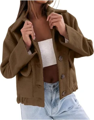 HGps8w Women's Cropped Wool Blend Pea Coat, Lapel Collar Button Down Versatile Long Sleeve Short Woolen Jacket Outerwear