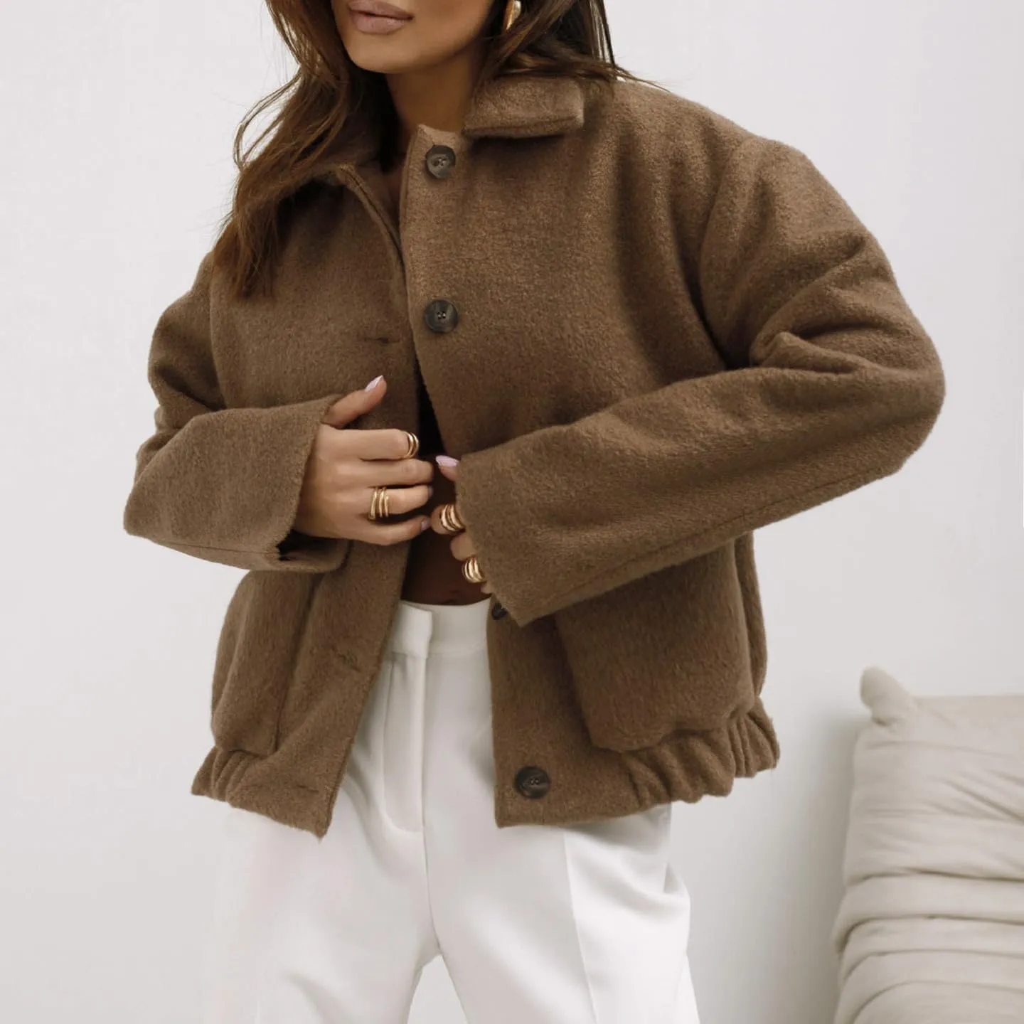 HGps8w Women's Cropped Wool Blend Pea Coat, Lapel Collar Button Down Versatile Long Sleeve Short Woolen Jacket Outerwear