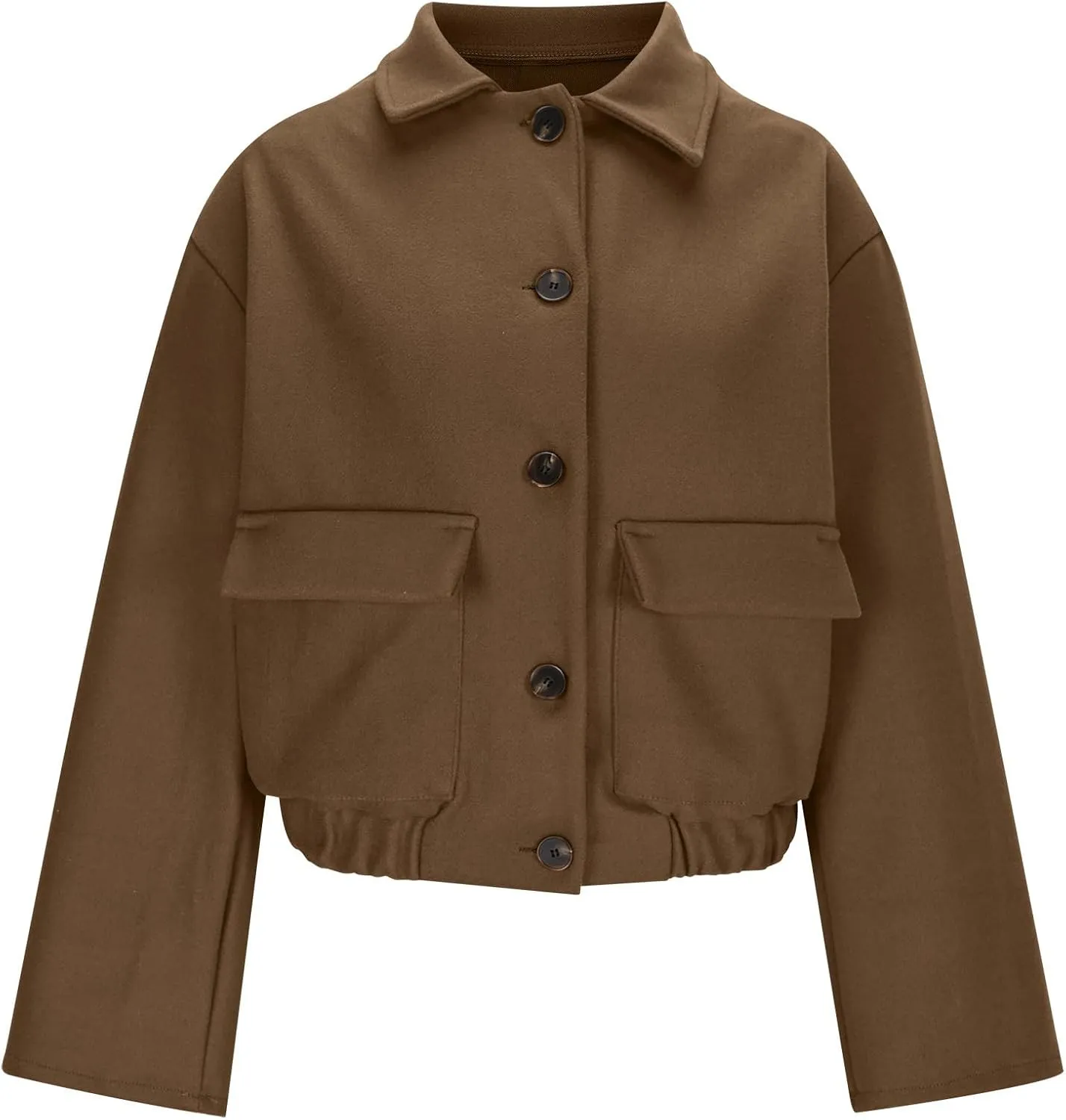 HGps8w Women's Cropped Wool Blend Pea Coat, Lapel Collar Button Down Versatile Long Sleeve Short Woolen Jacket Outerwear