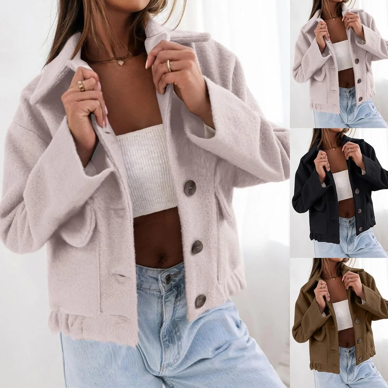 HGps8w Women's Cropped Wool Blend Pea Coat, Lapel Collar Button Down Versatile Long Sleeve Short Woolen Jacket Outerwear