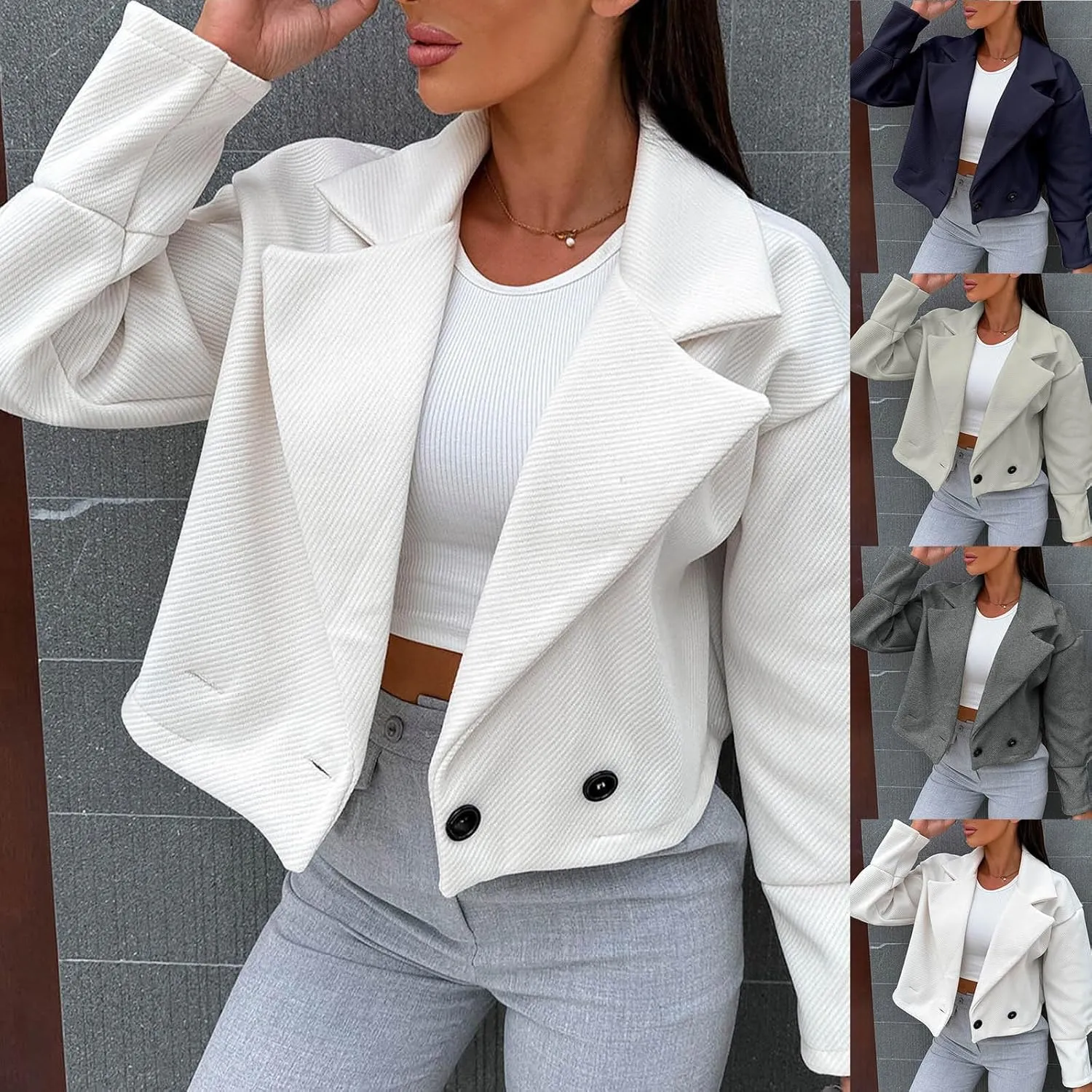 HGps8w Women's Double-Breasted Trench Coat, Dressy Notched Lapel Versatile Wool Blend Long Sleeve Cropped Jacket Outerwear