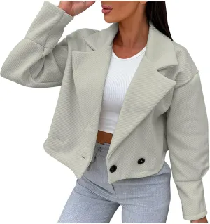 HGps8w Women's Double-Breasted Trench Coat, Dressy Notched Lapel Versatile Wool Blend Long Sleeve Cropped Jacket Outerwear