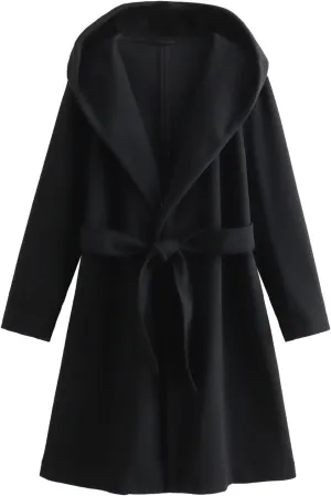 HGps8w Women's Elegant Wool Blend Wrap Coat - Long Hoodies Peacoat Casual Winter Jacket Mid-Long Overcoats with Belt