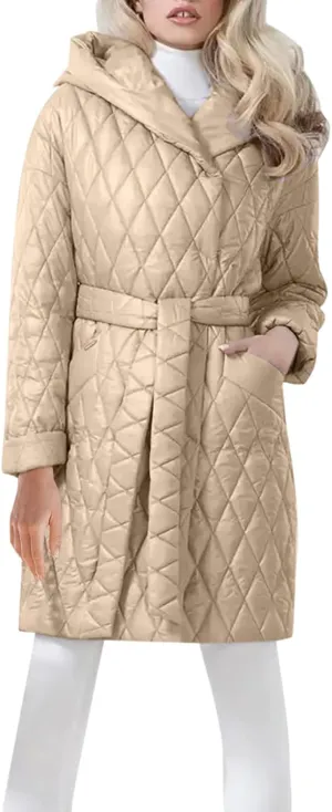 HGps8w Women's Hooded Winter Quilted Wrap Coat with Belt, Mid-Long Warm Padded Down Puffer Jacket Elegant Overcoat