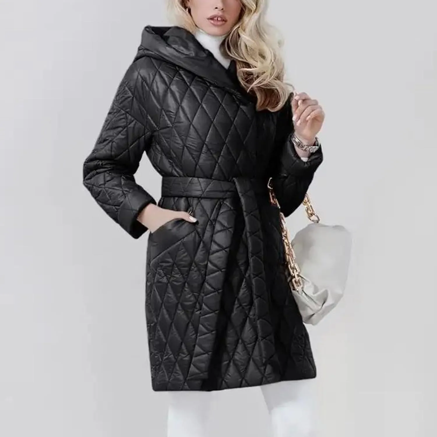 HGps8w Women's Hooded Winter Quilted Wrap Coat with Belt, Mid-Long Warm Padded Down Puffer Jacket Elegant Overcoat