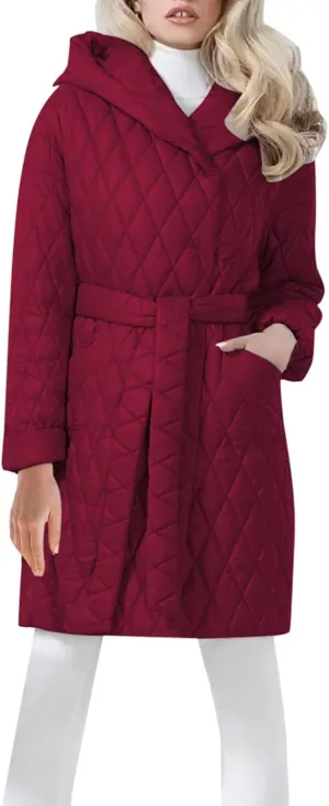 HGps8w Women's Hooded Winter Quilted Wrap Coat with Belt, Mid-Long Warm Padded Down Puffer Jacket Elegant Overcoat
