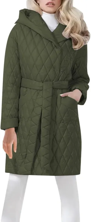 HGps8w Women's Hooded Winter Quilted Wrap Coat with Belt, Mid-Long Warm Padded Down Puffer Jacket Elegant Overcoat