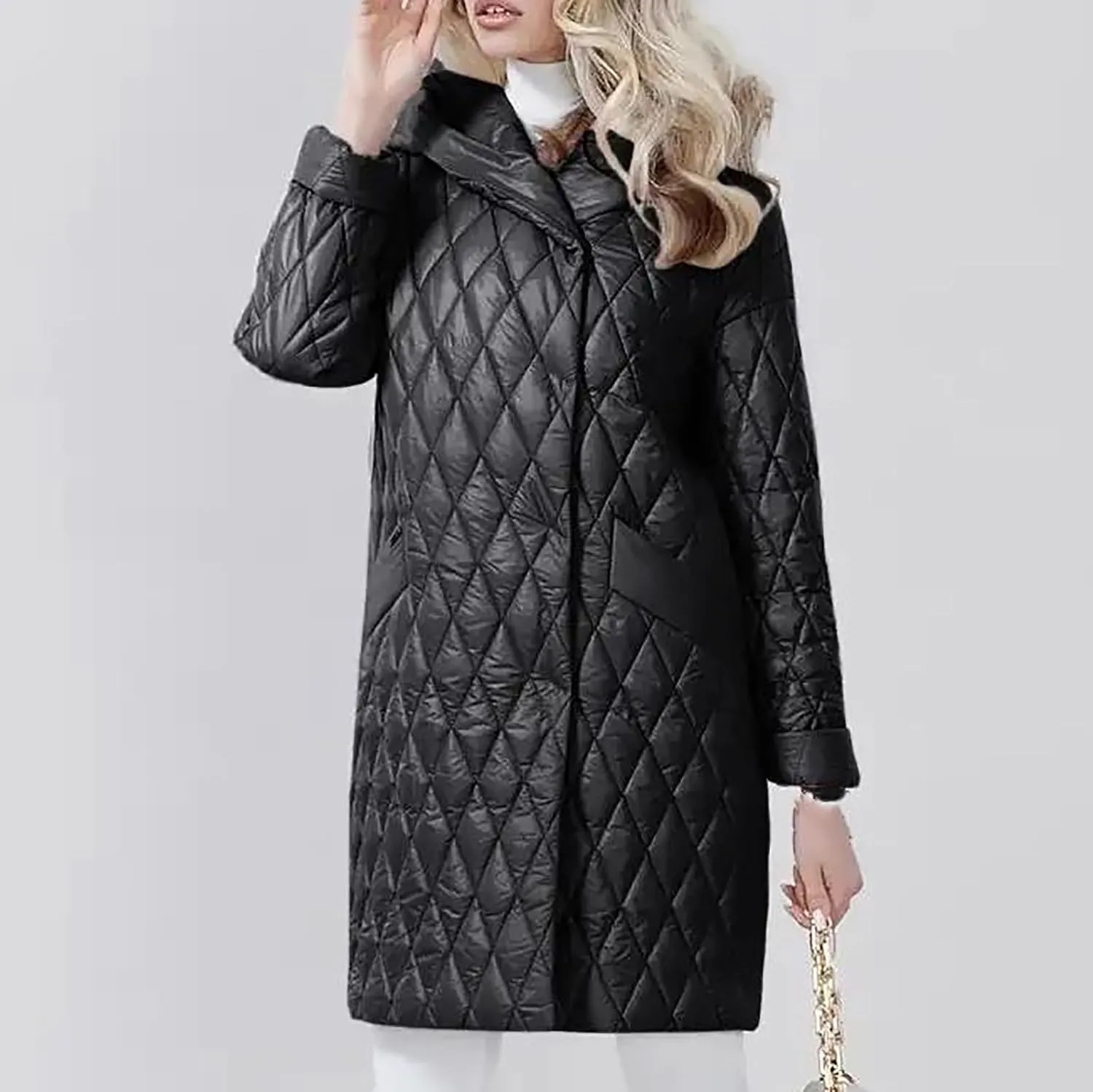 HGps8w Women's Hooded Winter Quilted Wrap Coat with Belt, Mid-Long Warm Padded Down Puffer Jacket Elegant Overcoat