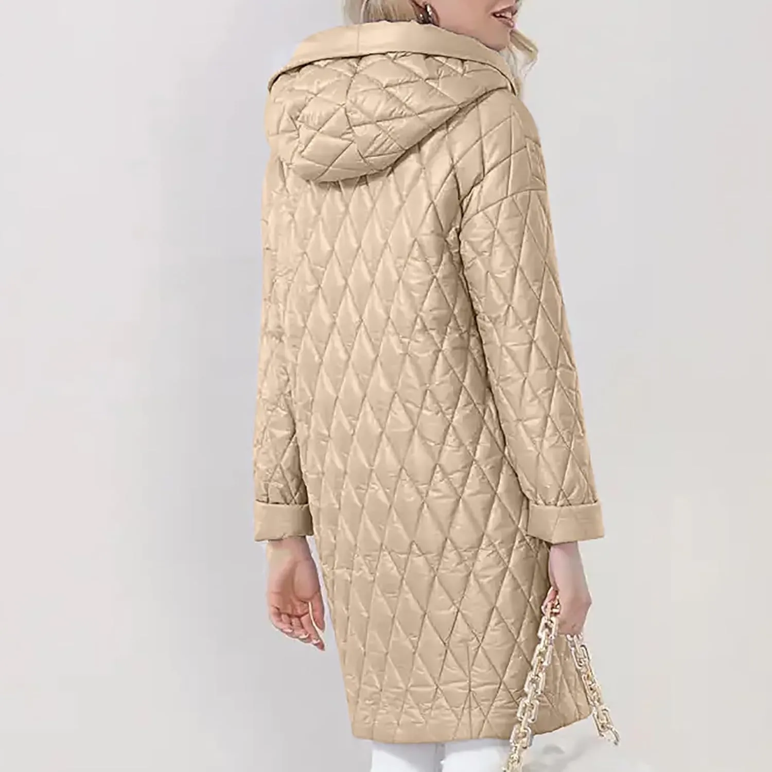 HGps8w Women's Hooded Winter Quilted Wrap Coat with Belt, Mid-Long Warm Padded Down Puffer Jacket Elegant Overcoat