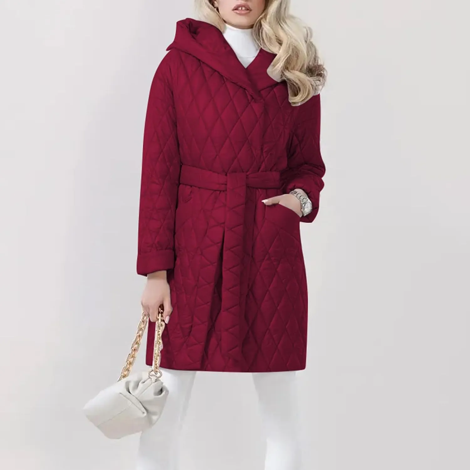 HGps8w Women's Hooded Winter Quilted Wrap Coat with Belt, Mid-Long Warm Padded Down Puffer Jacket Elegant Overcoat