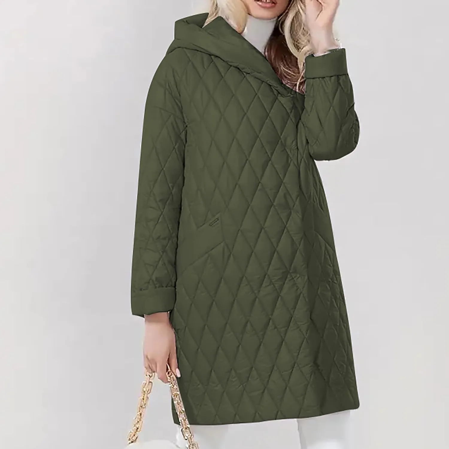 HGps8w Women's Hooded Winter Quilted Wrap Coat with Belt, Mid-Long Warm Padded Down Puffer Jacket Elegant Overcoat