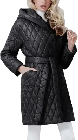 HGps8w Women's Hooded Winter Quilted Wrap Coat with Belt, Mid-Long Warm Padded Down Puffer Jacket Elegant Overcoat