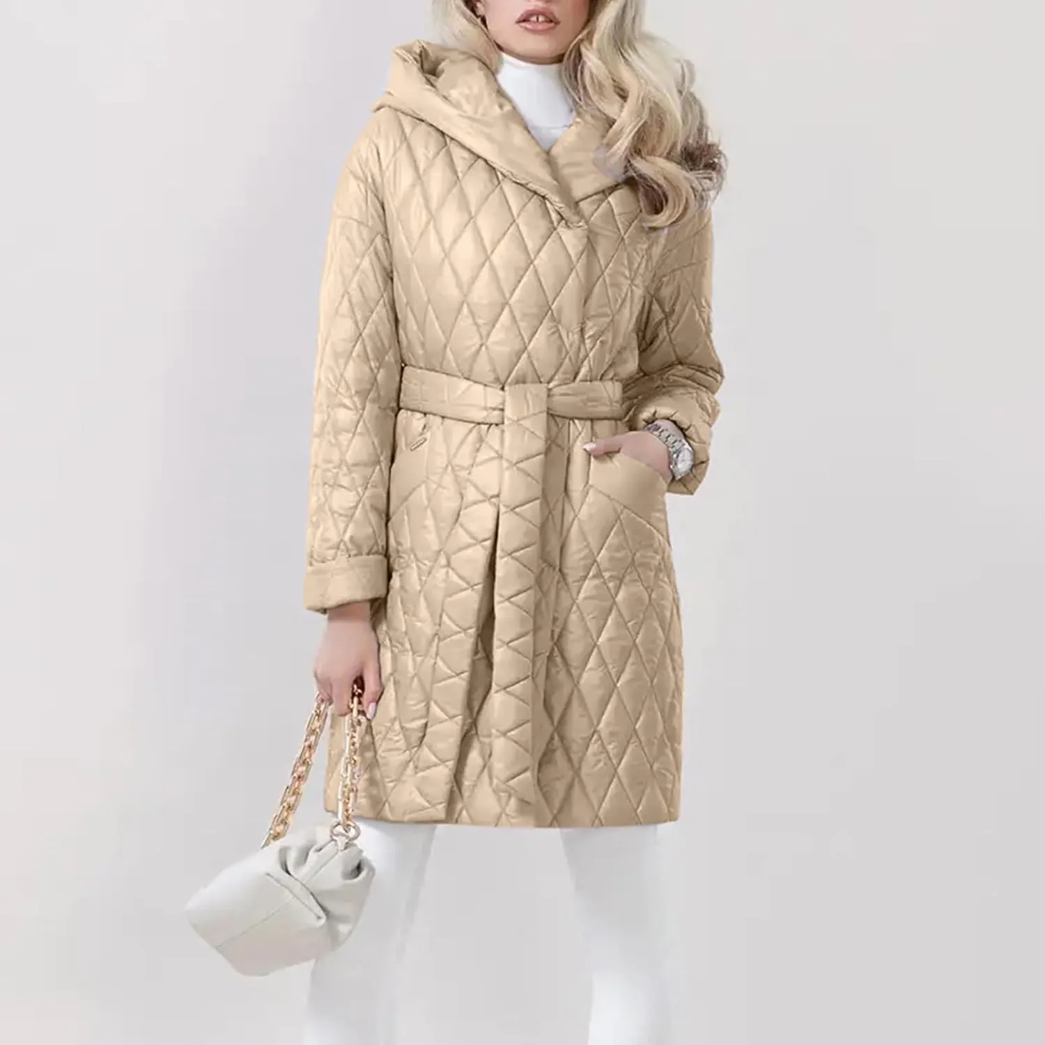 HGps8w Women's Hooded Winter Quilted Wrap Coat with Belt, Mid-Long Warm Padded Down Puffer Jacket Elegant Overcoat