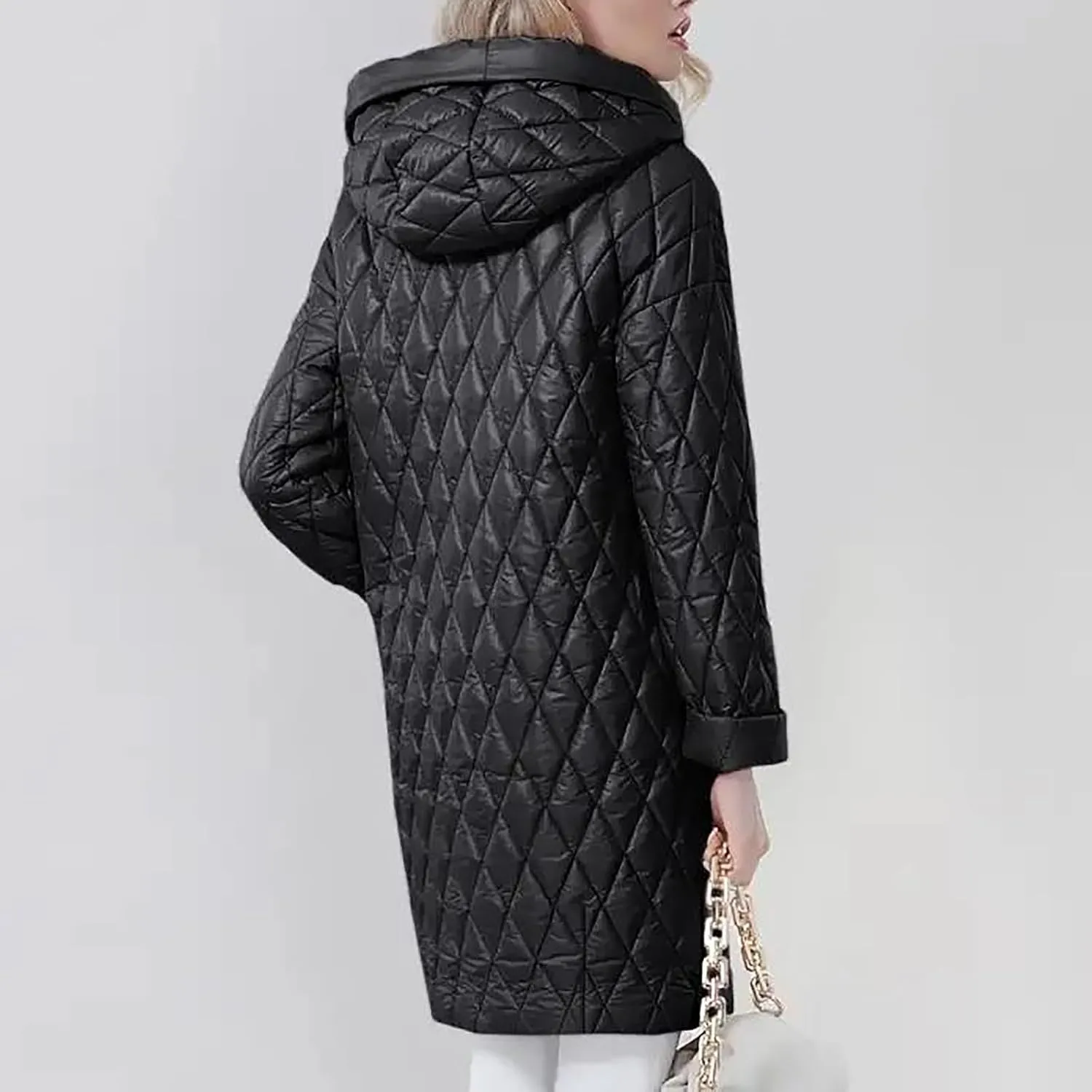 HGps8w Women's Hooded Winter Quilted Wrap Coat with Belt, Mid-Long Warm Padded Down Puffer Jacket Elegant Overcoat