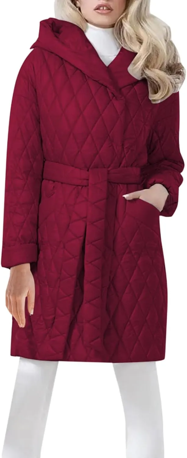 HGps8w Women's Hooded Winter Quilted Wrap Coat with Belt, Mid-Long Warm Padded Down Puffer Jacket Elegant Overcoat