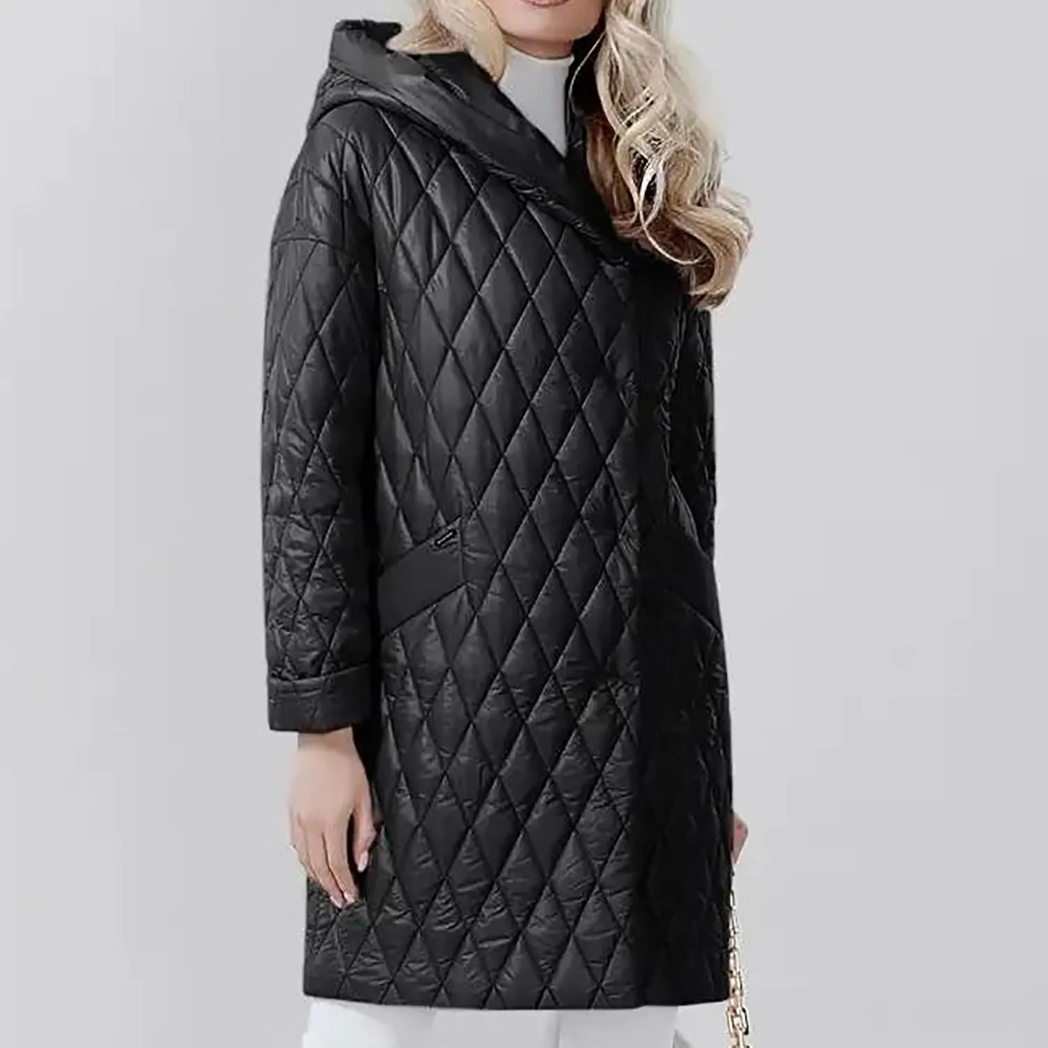 HGps8w Women's Hooded Winter Quilted Wrap Coat with Belt, Mid-Long Warm Padded Down Puffer Jacket Elegant Overcoat