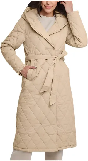 HGps8w Women's Mid-Long Quilted Wrap Coat Hooded Long Sleeve Puffer Jacket Winter Warm Padded Down Coats Elegant Outerwear