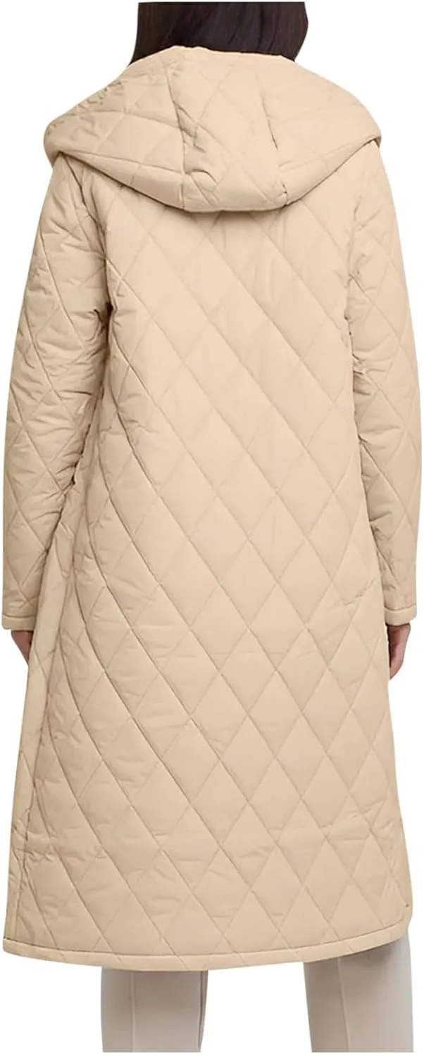HGps8w Women's Mid-Long Quilted Wrap Coat Hooded Long Sleeve Puffer Jacket Winter Warm Padded Down Coats Elegant Outerwear