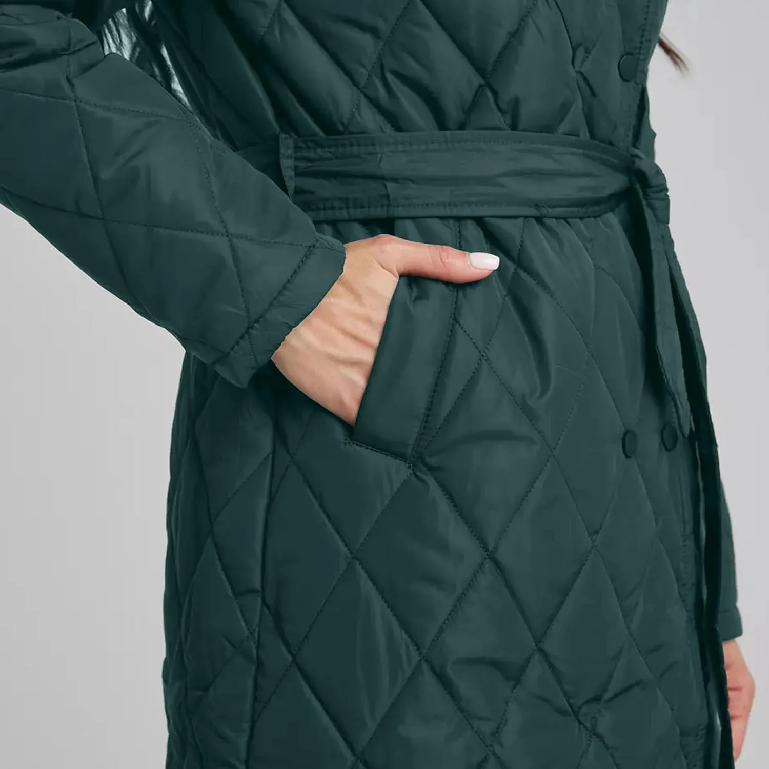 HGps8w Women's Mid-Long Quilted Wrap Coat Hooded Long Sleeve Puffer Jacket Winter Warm Padded Down Coats Elegant Outerwear