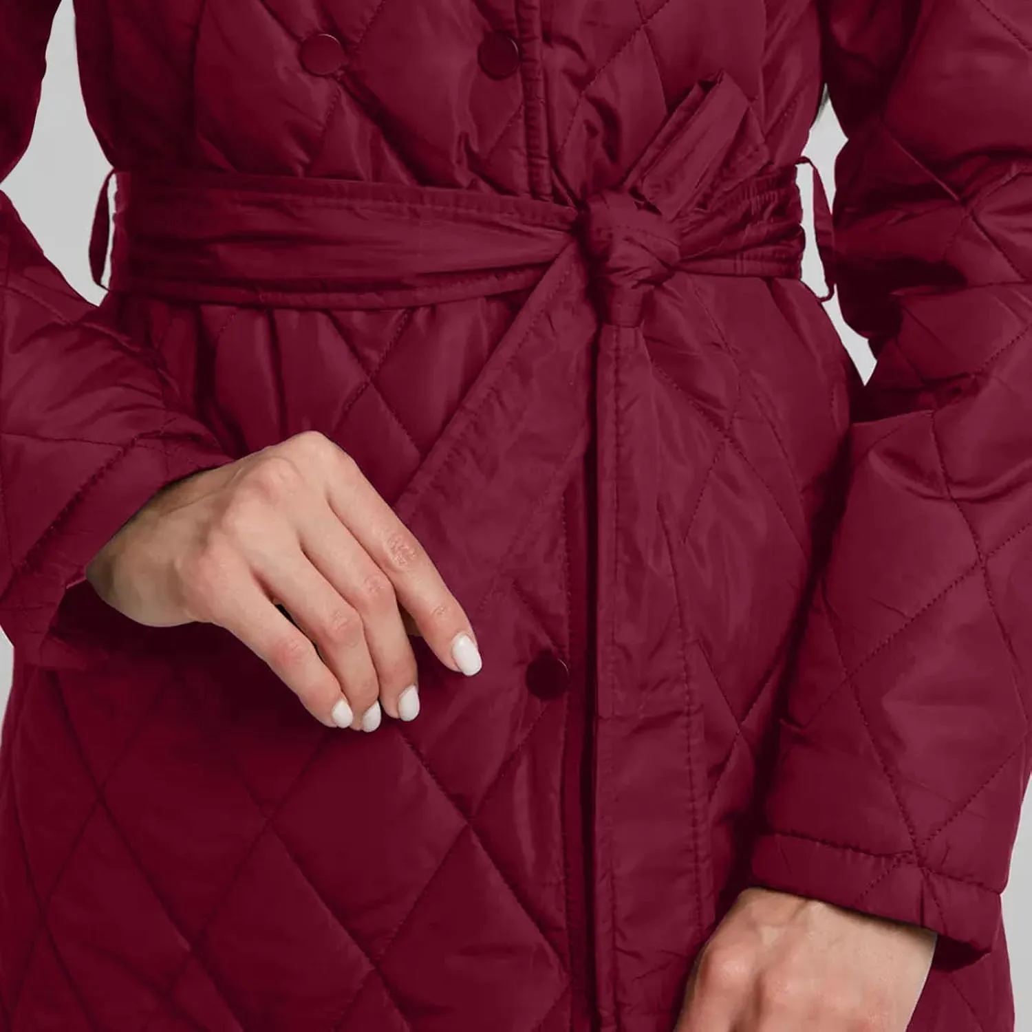 HGps8w Women's Mid-Long Quilted Wrap Coat Hooded Long Sleeve Puffer Jacket Winter Warm Padded Down Coats Elegant Outerwear
