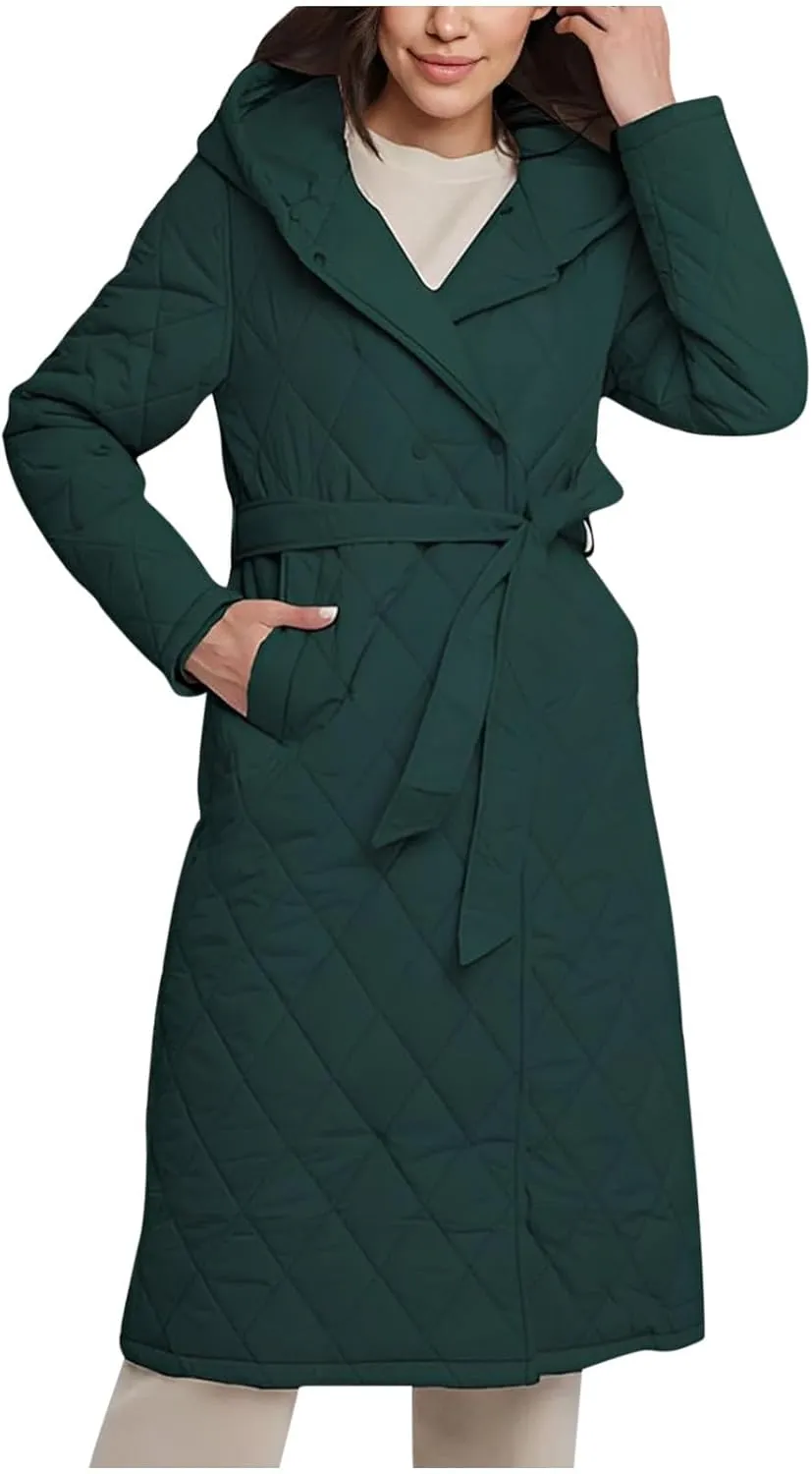 HGps8w Women's Mid-Long Quilted Wrap Coat Hooded Long Sleeve Puffer Jacket Winter Warm Padded Down Coats Elegant Outerwear