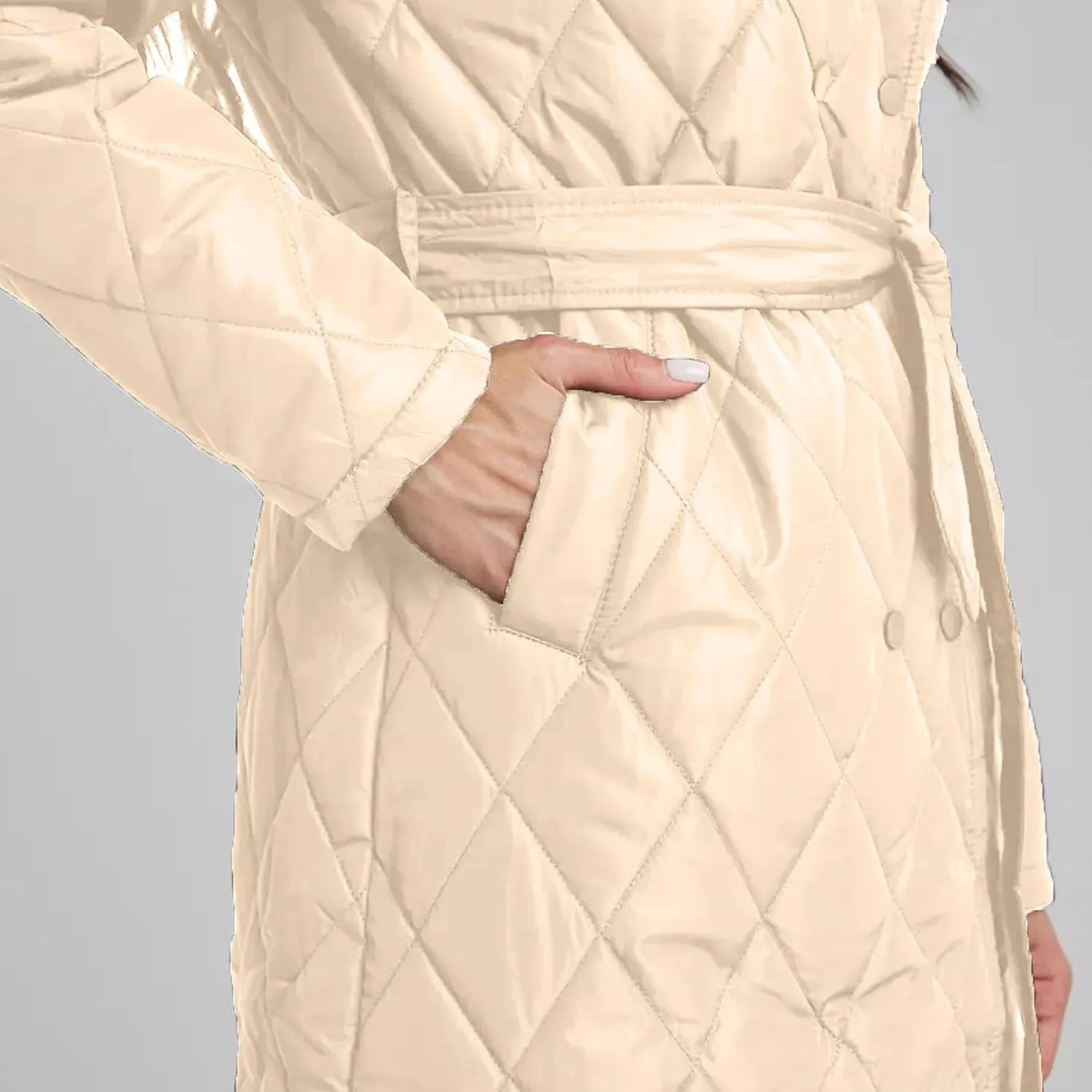HGps8w Women's Mid-Long Quilted Wrap Coat Hooded Long Sleeve Puffer Jacket Winter Warm Padded Down Coats Elegant Outerwear