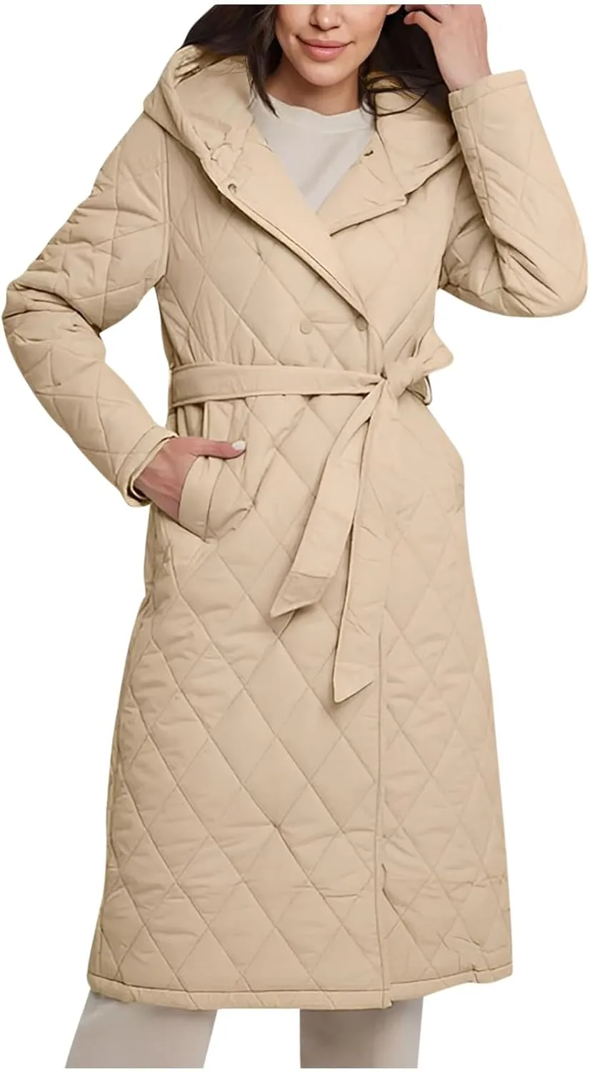 HGps8w Women's Mid-Long Quilted Wrap Coat Hooded Long Sleeve Puffer Jacket Winter Warm Padded Down Coats Elegant Outerwear